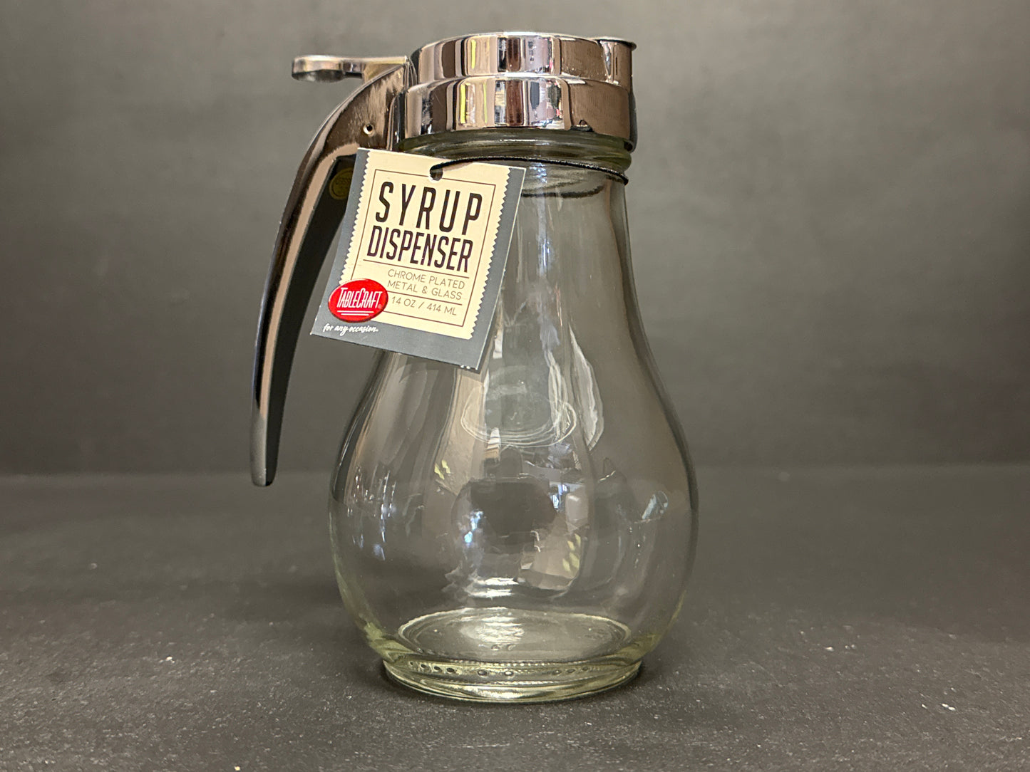 Tablecraft 14 Oz Teardrop Glass Syrup Dispenser, Chrome Plated Metal Top 414