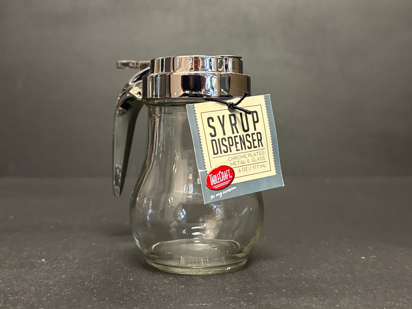 Tablecraft 6 Oz Teardrop Glass Syrup Dispenser, Chrome Plated Steel Top H406