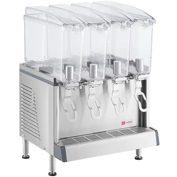 Crathco Quadruple 2.4 Gallon Bowl Premix Cold Beverage Dispenser with Agitation Function and BPA-Free Lids
