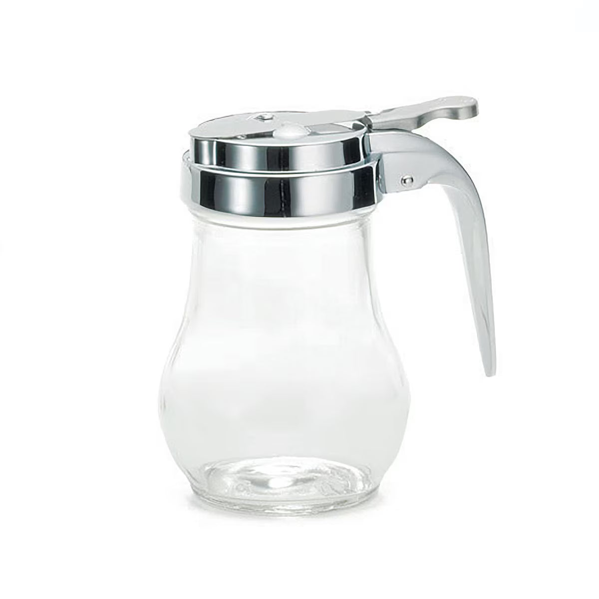 Tablecraft 6 Oz Teardrop Glass Syrup Dispenser, Chrome Plated Steel Top H406