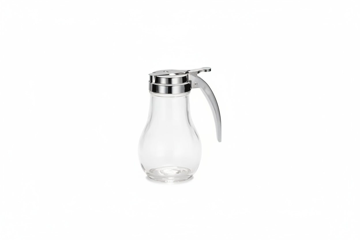 Tablecraft 14 Oz Teardrop Glass Syrup Dispenser, Chrome Plated Metal Top 414