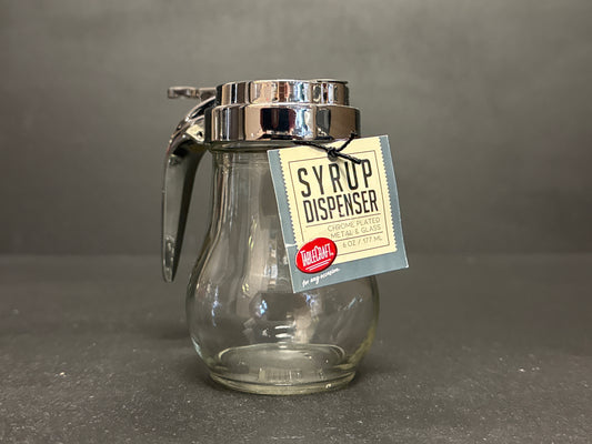 Tablecraft 6 Oz Teardrop Glass Syrup Dispenser, Chrome Plated Steel Top H406