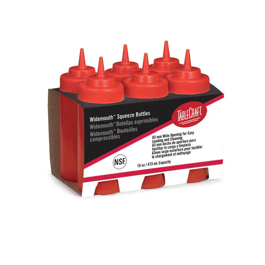 Tablecraft 16 Oz Widemouth™ Squeeze Bottle, Red With Standard TipTop™ - Pack Of 6 C11663K