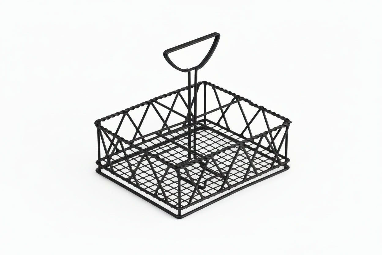 G.E.T. 5-Compartment Black Powder Coated Iron Braided Condiment Caddy - 9" x 7" x 8" 4-931832