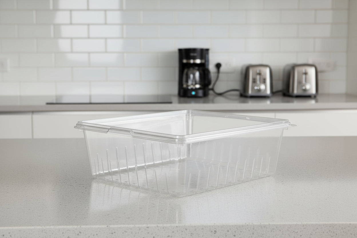 Camwear® 26" x 18" x 8" Clear Plastic Food Drain Box / Colander, 18268CLRCW135